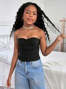 Tween Girl 休闲修身褶饰弹性针织纯色罗纹短款无袖背心，灰色 - 黑色 - 查看 7