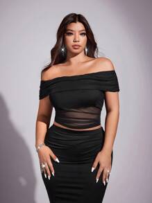 Viva Relle 大码女式优雅性感露肩网眼上衣和弹力针织紧身裙两件套，夏季