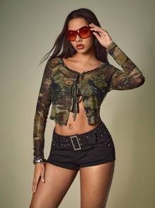 Shutterstock Y2Kool 女式方领荷叶边系带轻质开衫迷彩短款上衣迷彩上衣女式迷彩丛林主题冬季 - 軍綠色 - 查看 5