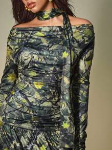 ORANGE STUDIO Women's Long Dress With Autumn Leaf Camouflage Pattern, Winter Long Sleeve Maxi Dress Women Green Floral Dress Women Floral Maxi Dress Printed Maxi Dress Long Sleeve Floral Dress - Army Green - View 7