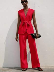 Aveloria Modichic Women Solid Color Sleeveless Vest & Trousers Suit, Fashionable For Summer - Red - View 5