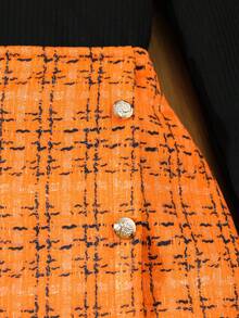 SHEIN Young Girl Plaid Long Sleeve Single-Breasted Jacket, Long Sleeve Top And Mini Skirt Fashion Set Orange Two Piece Set Kids Kids Two Piece Jacket With Skirt Tween Orange Outfit Orange Girl Outfit Orange Kids Skirt Set Fall Winter - Orange - View 5