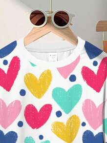 SHEIN Bộ 2 chiếc áo thun tay ngắn in hình trái tim giản dị và tối giản cho bé gái tuổi teen, màu hồng, mùa hè - Nhiều màu - Xem 4