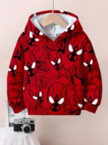 SHEIN Baby Boy Casual Loose Comfortable Spider Graphic Soft Knit Hoodie Sweatshirt, Suitable For Autumn/Winter