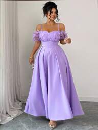 Elenzga Halloween Plus Size Embellished Spaghetti Strap Off Shoulder Butterfly 3D Floral Ruched Waist Short Sleeve Slimming Purple & Lavender A-Line Elegant French Style Dress