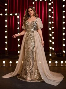 Glamrae Đầm dự tiệc lưới xòe bồng sang trọng cổ chữ V sâu màu vàng sâm panh thanh lịch gợi cảm cỡ lớn tay bồng đính hạt thủ công viền đuôi cá, thích hợp cho đám cưới, tiệc tùng, lễ kỷ niệm, dịp trang trọng, dạ tiệc (Thiết kế được tô điểm nhiều) - Rượu sâm banh - Xem 7