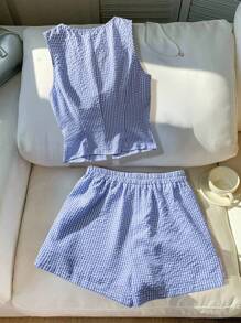 SHEIN Franclia 女士蓝色竖条纹系带无袖上衣和短裤两件套，夏季假日阳光之旅度假风，适合大学穿着