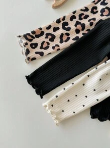 SHEIN 3件套女婴休闲百搭豹纹和波尔卡圆点图案针织长袖上衣 - 杏色 - 查看 4