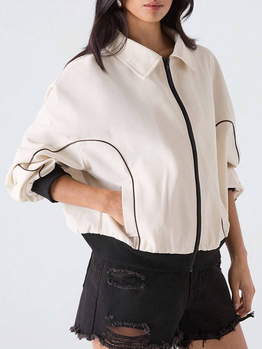 LYSMO Áo khoác nữ màu mơ tối giản đa năng thường ngày - Màu be - Xem 1