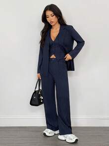 SHEIN PETITE Women's Casual Commuter Striped Jacket, Vest And Pants Suit Women Three Pieces Set Pinstripe Pantsuit, Winter Clothes For Women,Zip-Up,Casual Outfit For Women,Elegant Women's Set,Business Old Money Style Suit