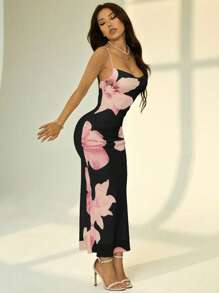 SHEIN PETITE 女士性感低胸露背吊带连衣裙，粉色花卉印花，修身显瘦。优雅性感的夏日度假装 - 彩色 - 查看 7