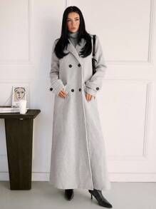 SHEIN Tall 女士时尚双排扣加长大衣，秋冬 - 灰色 - 查看 4