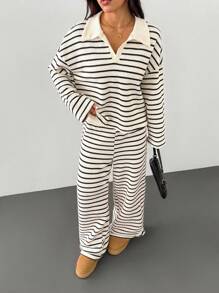 SHEIN PETITE Women's 2pcs Set Loose Striped V-Neck Drop Shoulder Long Sleeve T-Shirt &Elastic Waist Striped Pants, Winter Sweater Suit ,Autumn/Winter Women Striped Lounge Set Two Pieces Pants Set Women Two Pieces Set Casual Two Pieces Set Striped Two Pieces Set Comfortable Two Pieces Set - Black and White - View 7