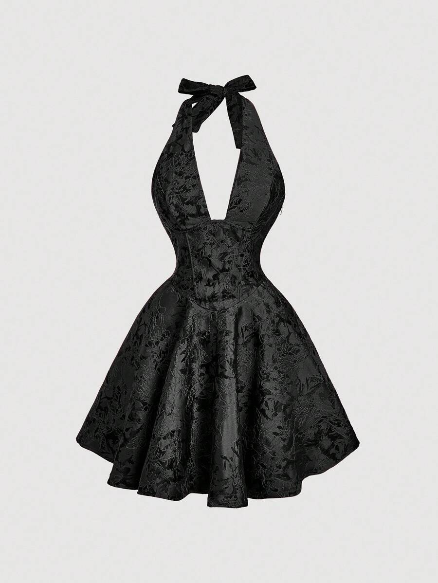 SHEIN MOD Váy ngắn màu đen có dây nơ cho nữ - màu đen - Xem 1