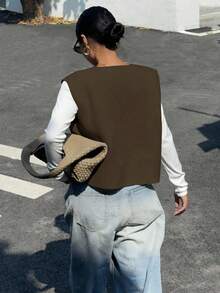 Siren Gaze Áo len cardigan len màu mơ đơn sắc ngắn tay cho nữ, áo khoác len cài nút kim loại - màu nâu - Xem 2