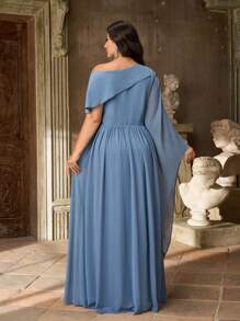 Aureia Váy phù dâu chữ A tay dài cổ lệch màu xanh lam lãng mạn thanh lịch cỡ lớn - Màu xanh bụi bặm - Xem 7
