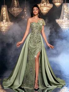Glamrae 优雅奢华绿色串珠亮片拼接缎面美人鱼长裙，喇叭形下摆，适合婚礼、派对、度假、舞会、晚礼服（重饰） - 草綠色 - 查看 8