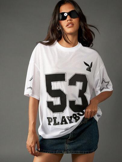 Missguided x Playboy Maillot en maille oversize, Top de style basket-ball rétro avec numéro de vareuse et détail étoile, design d'équipe de club, mode automne