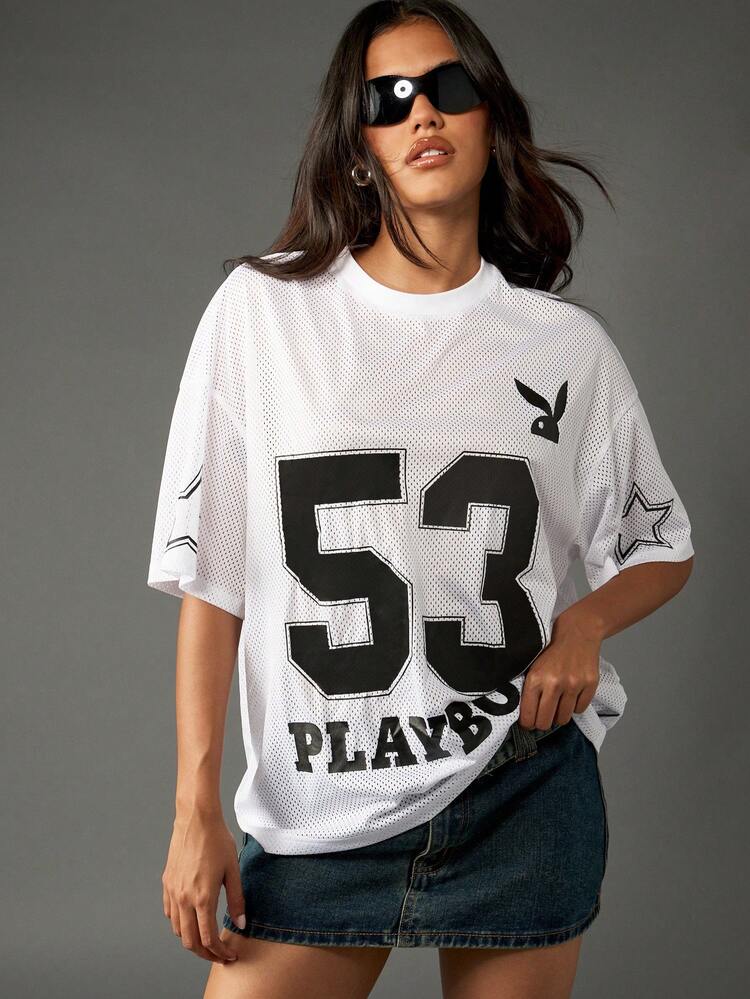 Missguided x Playboy Mesh Jersey Oversized Tee Varsity Number Retro Basketball Style Top With Star Detail Club Team Design Fall Fashion