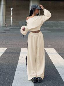 Muchica 杏色针织休闲运动斜肩卫衣女套装 - 杏色 - 查看 4