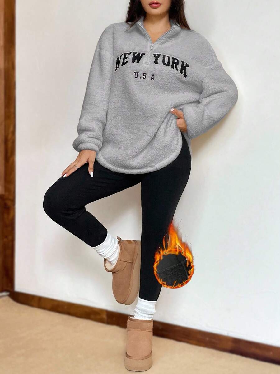 SHEIN EZwear 女式新款字母图案立领双面绒卫衣和紧身绒打底裤套装,秋冬 - 灰色 - 查看 1