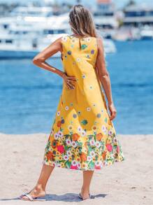 Sylviya 夏季背心裙长裙黄色花朵印花波西米亚假日连衣裙 - 黃色 - 查看 2
