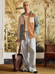 SWAVVY Loose Fit Men's Color Block Patched Pocket Hooded Corduroy Shirt (Shirt Only), For Fall Winter - Blue - View 6