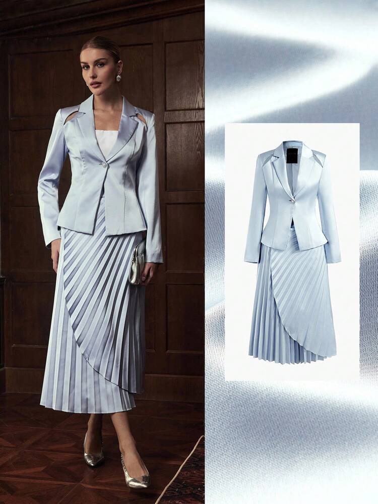 ZEYLAH 2 Peças Conjunto de Blazer Casual de Escritório com um Botão e Saia Plissada para Mulheres