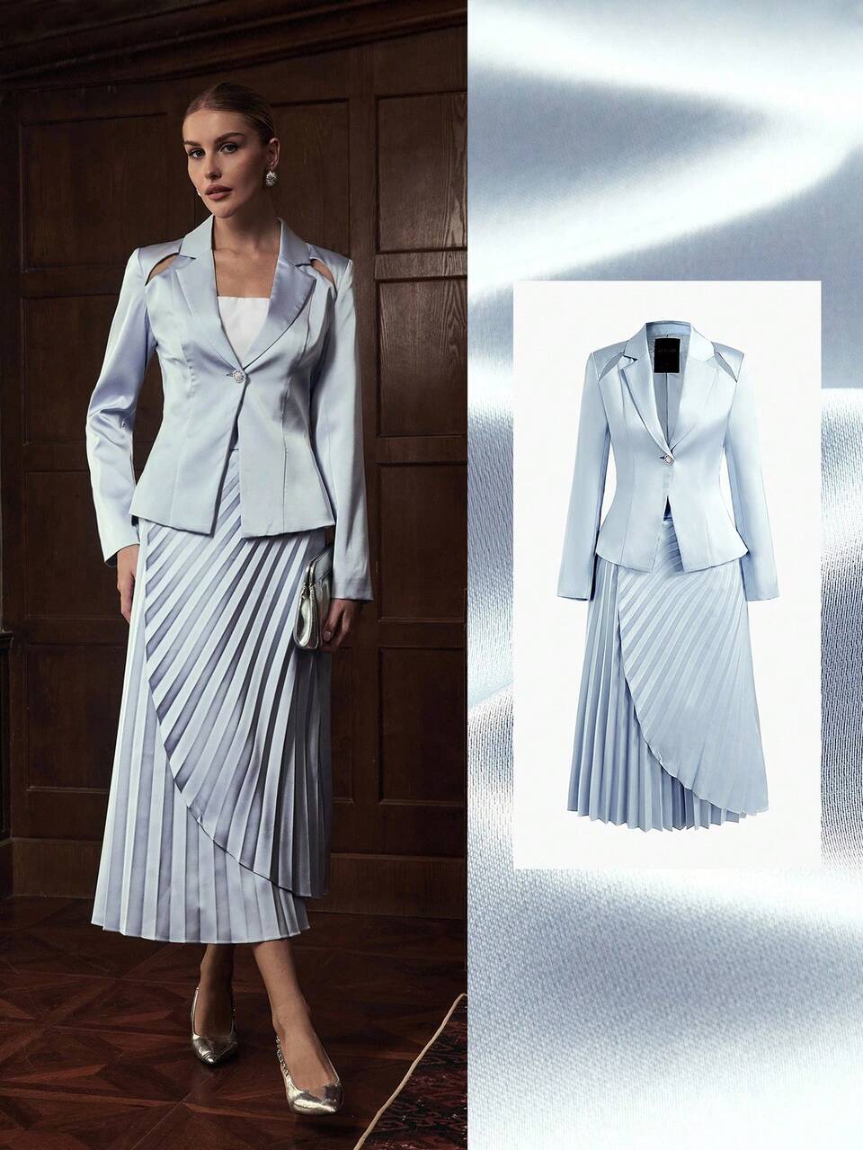 ZEYLAH 2pcs Women Business Casual Single Button Blazer Jacket And Pleated Skirt Set Fall Cloth For Women