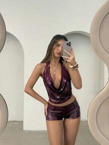 Aloruh 女士迷人派对勃艮第酒红和紫色性感优雅闪亮面料节日短款上衣 - 酒紅色 - 查看 7