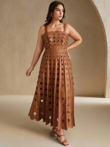 Anewsta 大码女式新款卡其色优雅细肩带A字连衣裙 - 卡其色 - 查看 5