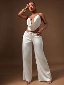 Denimoi Drawstring Waist Satin Wide Leg Trousers Pants Date Night GNO Dinner - White - View 1