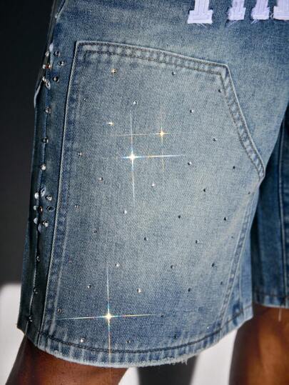 Street Life Pantalones cortos de carga de mezclilla con bordado de rhinestones para hombres