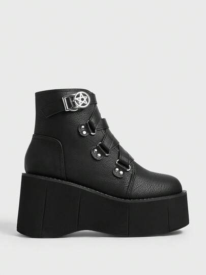 Sugerpunk 女式深色竖条纹厚底系带踝靴，朋克风格圆形星形扣，舒适侧拉链粗跟坡跟靴，适合展览、派对、秋冬季日常休闲穿着