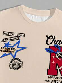 Manfinity Homme 男士休闲街头标语印花落肩宽松 T 恤和抽绳腰侧袋短裤套装，夏季舒适服装