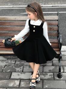 SHEIN 年轻女孩优雅黑白拼色翻领灯笼袖二合一连衣裙秋季连衣裙返校秋季连衣裙白色长袖连衣裙 - 黑與白 - 查看 3