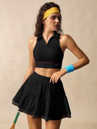 VARSIVA 女式纯色透视网眼拼布无袖短款运动 Polo 衫健身上衣