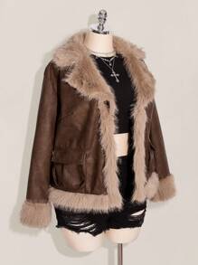 SHEIN ICON Plus Size Vintage PU Leather Patchwork Faux Fur Collar Double Pocket Jacket Fur Jacket Women Brown Fur Jacket Women Fur Coat Faux Fur Jacket Women Brown Jacket Women Winter Fall Autumn
