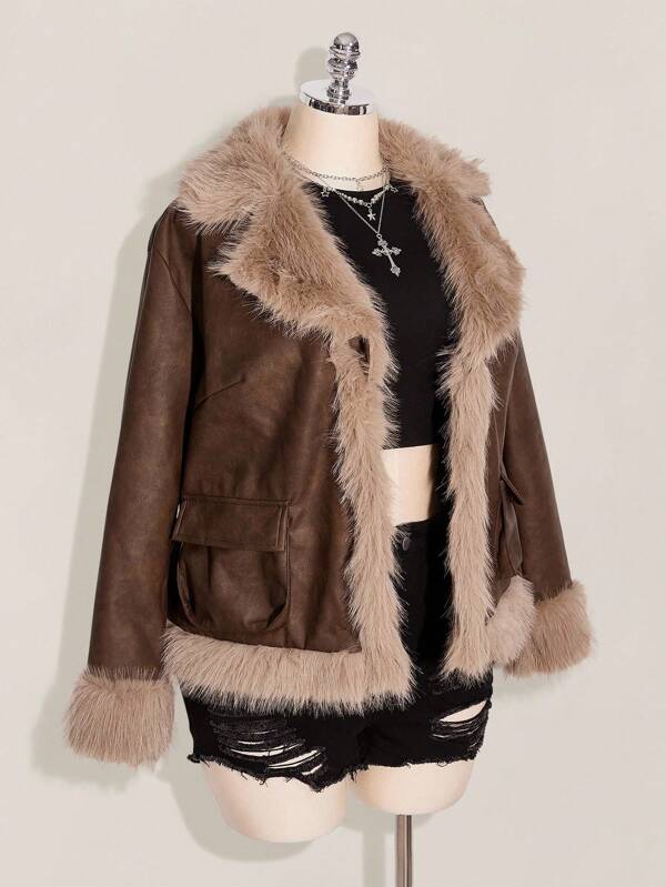 SHEIN ICON Plus Size Vintage PU Leather Patchwork Faux Fur Collar Double Pocket Jacket Fur Jacket Women Brown Fur Jacket Womens Fur Coat Faux Fur Jacket Women Brown Jacket Women