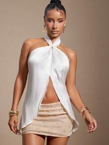 Hauture Women's Sexy Summer Vcay With Satin Front Cross With Low Back Halter Top - Apricot - View 2