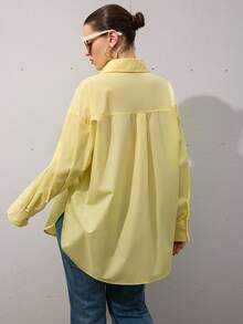 GENKIRA Plus Size Solid Color Front Button Loose Long Sleeve Pocket Shirt - Yellow - View 3