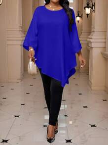 SHEIN Lady 2025 New Plus Size Women Solid Metallic Round Neck 3 4 Sleeve Loose Asymmetric Hem Elegant Blouse Valentine's Day New Year Party Thanksgiving Holiday - Royal Blue - View 2