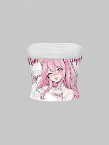 ROMWE Spring/Summer Pink Graphic Cute Anime Character Kawaii Sexy Crop Top For Women - White - View 2