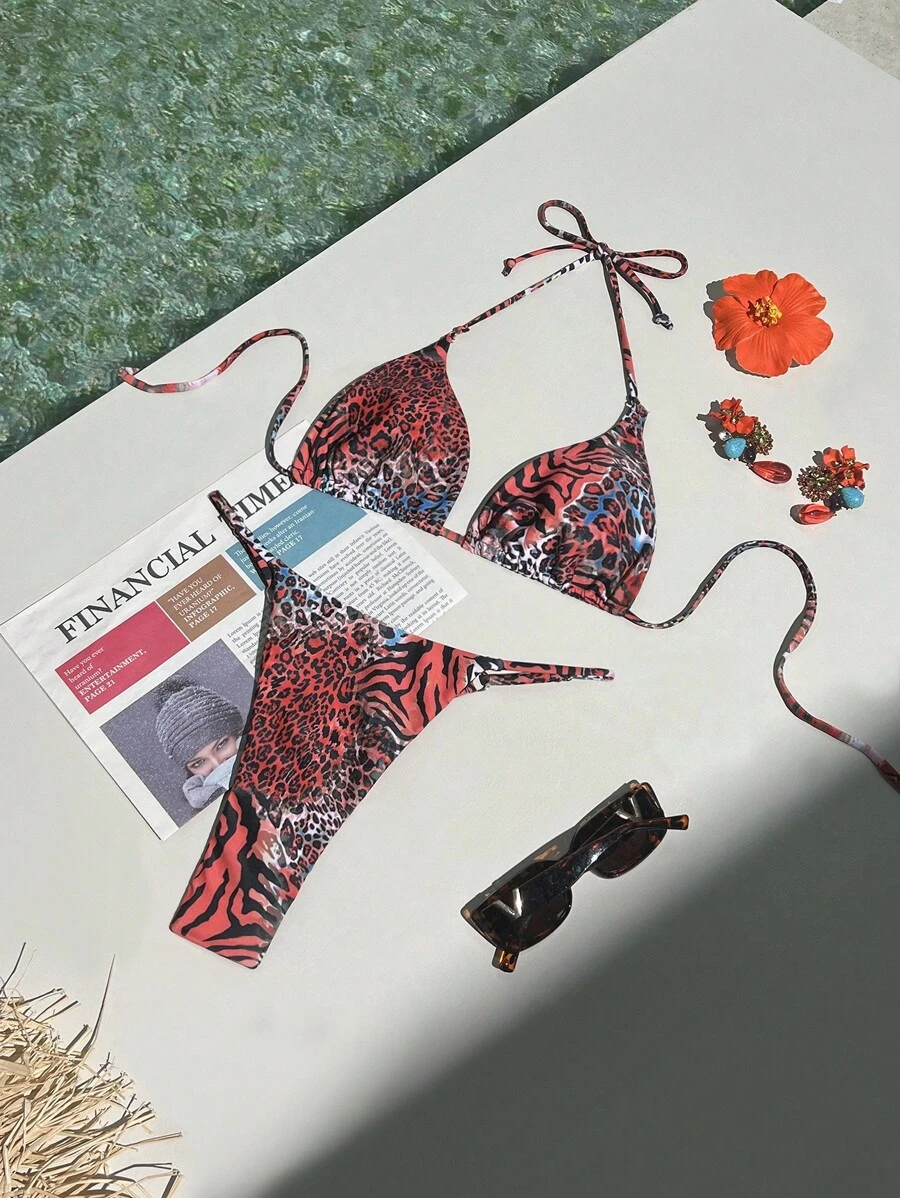 SHEIN Swim 女士性感随机三角领带比基尼套装带斑马图案夏季