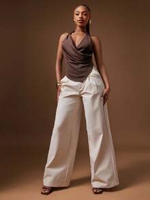Denimoi Knot Detail Solid Color Sexy Fashion Cowl Neck Halter Top - Coffee Brown - View 4