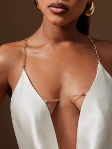 Denimoi 缎面露背金链带围脖领挂脖上衣 GNO 约会之夜晚餐 - 白色 - 查看 2