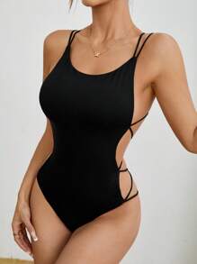 SHEIN PETITE Women's Fashionable Black Knit Tie Back Bodysuit - Black - View 6