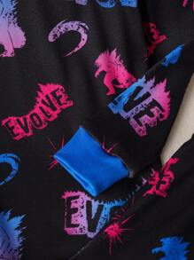 GODZILLAxKONG X SHEIN 2 pièces Ensemble de pyjama casual confortable avec Top à manches longues col rond et pantalon avec motif monstre jeune garçon