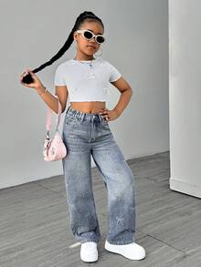 Sparklyn Tween Girls Vintage Distressed Flare Jeans With Butterfly Rhinestone Decor, Casual Washed Denim Pants - Medium Wash - View 4