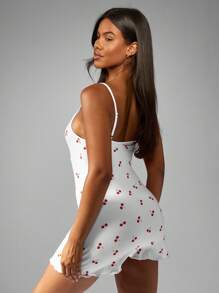 MISSGUIDED Cherry Print Night Dress Plunge Neck Mini Sleep Dress With Lace Trim Button Front Spaghetti Strap Summer Spring Sleepwear Nightgown - White - View 2